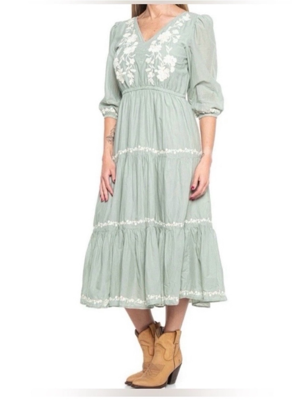 Cotton puff sleeve midi dress tiers floral embroidery cottagecore wedding guest